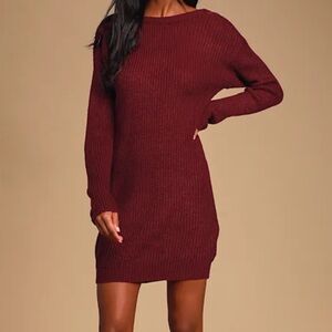 Lulu's Deep Red Backless Long Sleeve Sweater Dress- Bringing Sexy Back